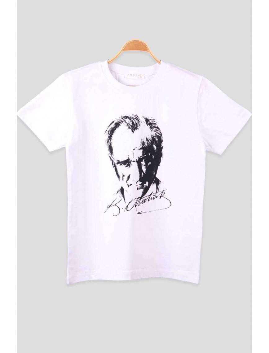 Atatürk ve İmzası Baskılı Yuvarlak Yaka Penye Çocuk Genç  Beyaz T-shirt