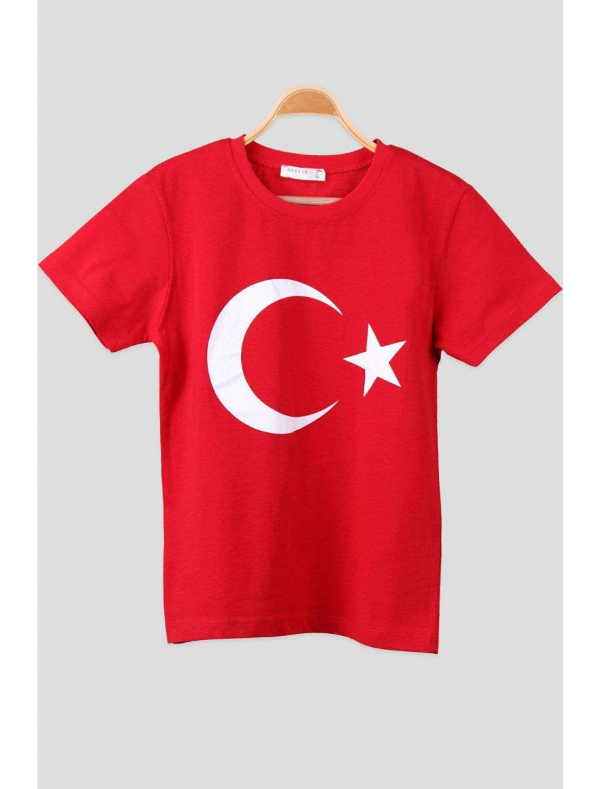 Ay Yıldız Bayrak Baskılı Yuvarlak Yaka Penye Çocuk Genç  Kırmızı T-shirt