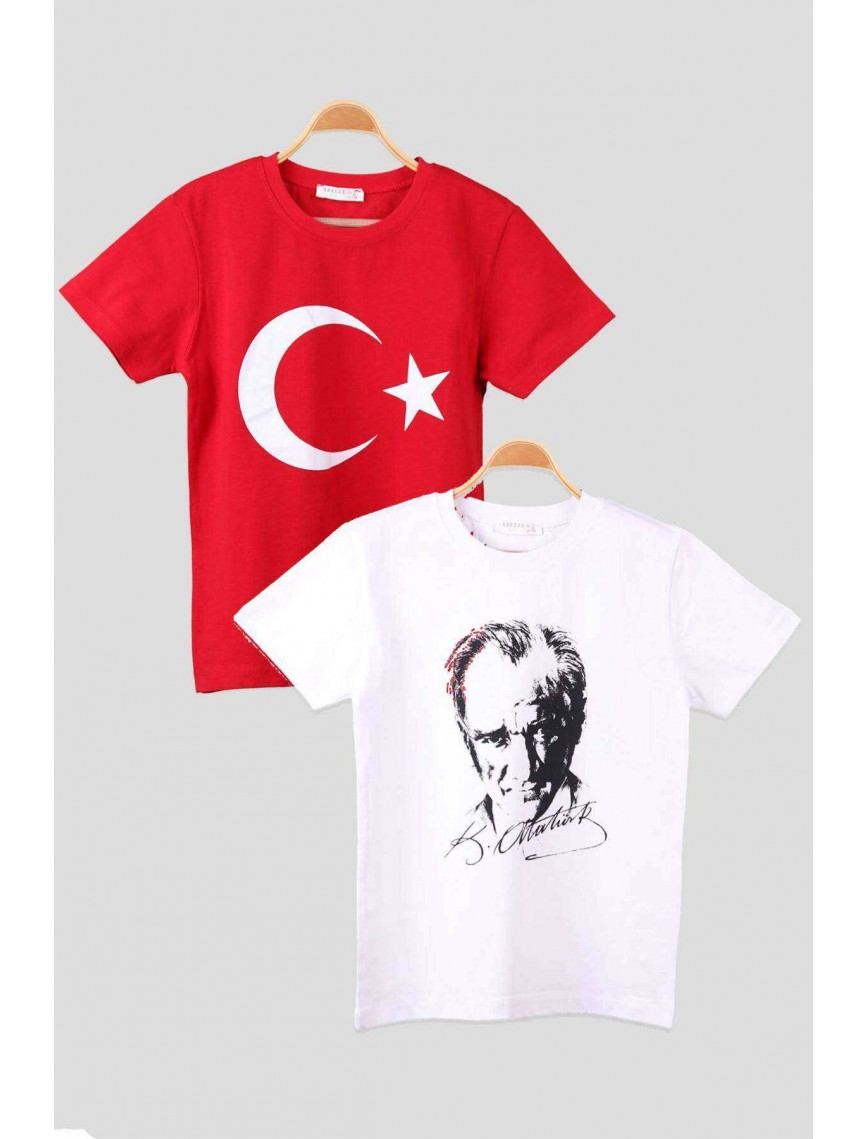 Atatürk ve İmzası Ay Yıldız Bayrak Baskılı Kombin Penye Çocuk Genç  Beyaz Kırmızı T-shirt