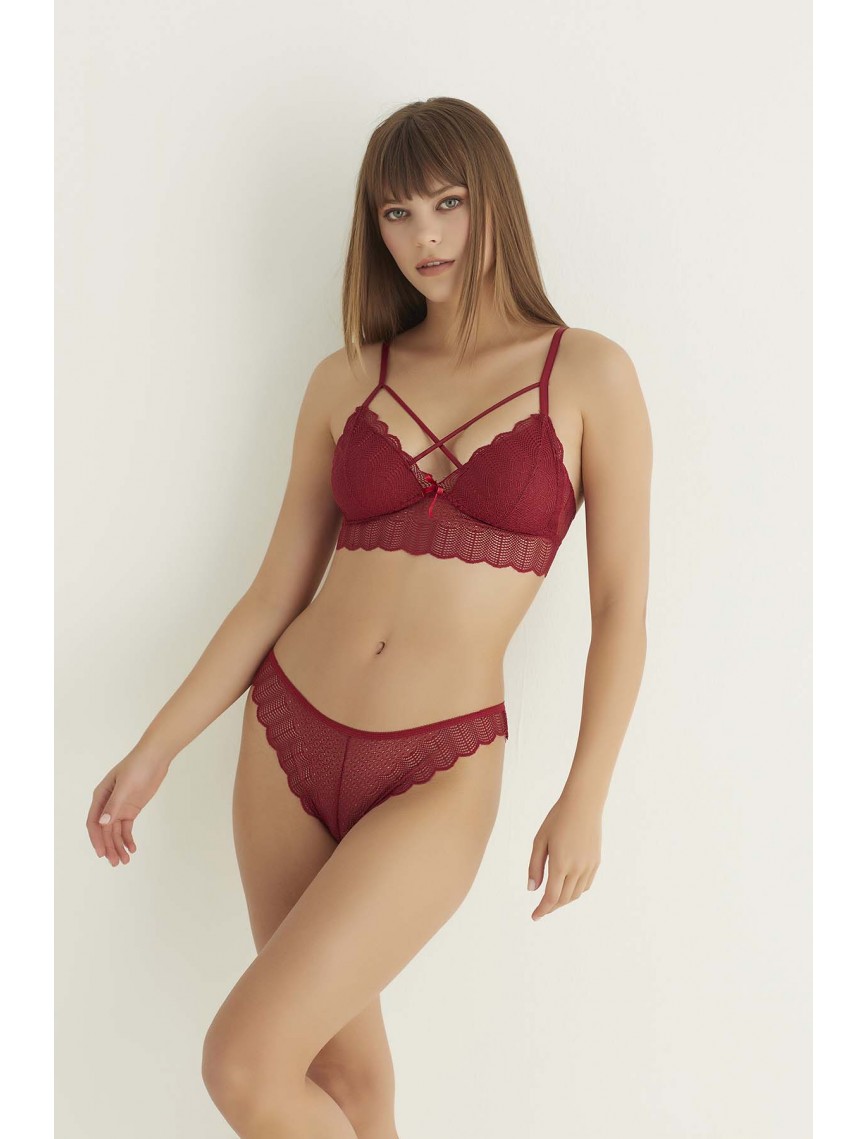 Bordo Destekli Çapraz Dantelli Bralet Takım 5527