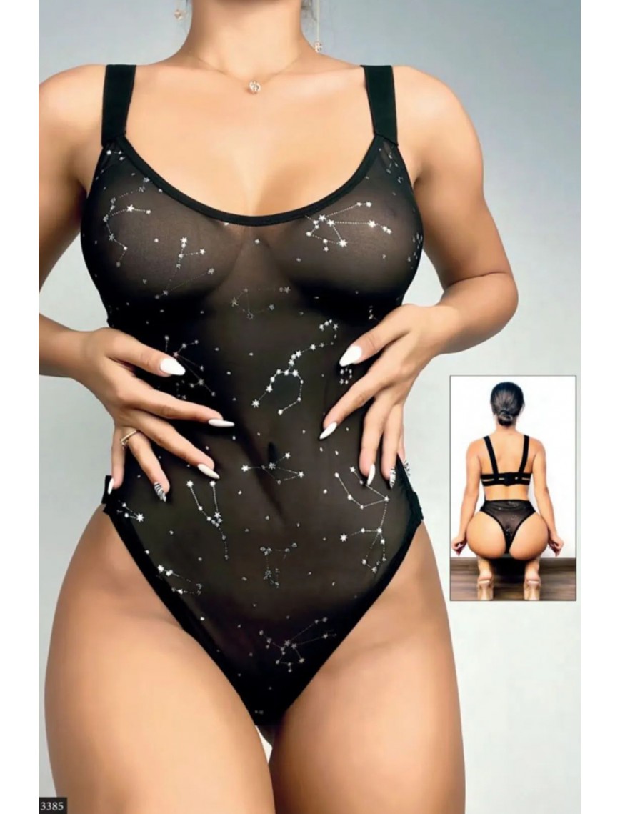 Night Light Kadın Siyah Yıldız Detaylı Fantazi Body 3385