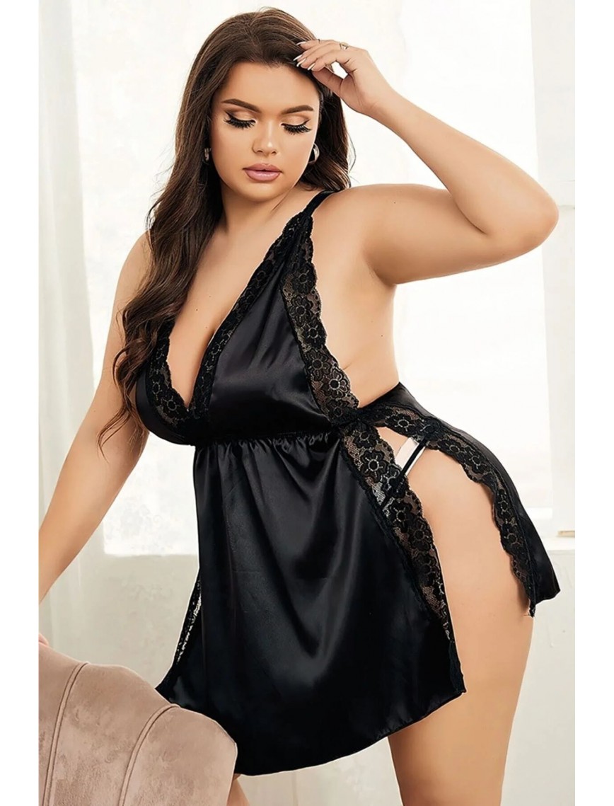 Night Light Kadın Siyah Yırtmaç Detaylı Büyük Beden Saten Fantezi Babydoll 3406